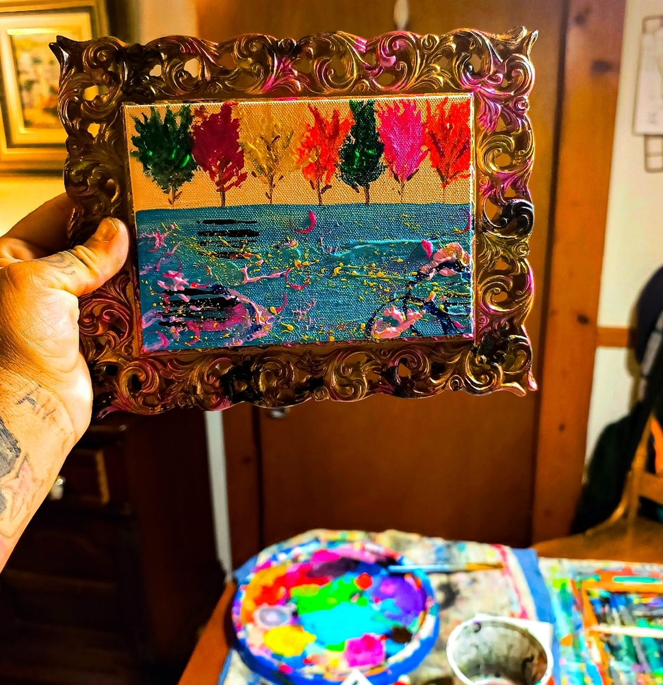 Vibrant Abstract Landscape Art in Ornate Framed Hand Painted